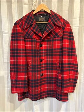 Vintage Pendleton Red & Black Plaid Wool Pea Coat